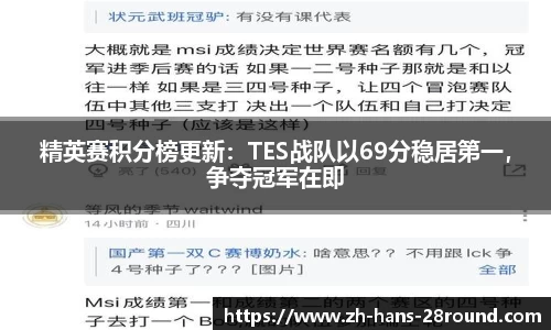 精英赛积分榜更新：TES战队以69分稳居第一，争夺冠军在即